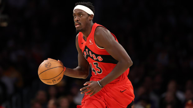 Toronto Raptors forward Pascal Siakam dribbles against the Los Angeles Lakers